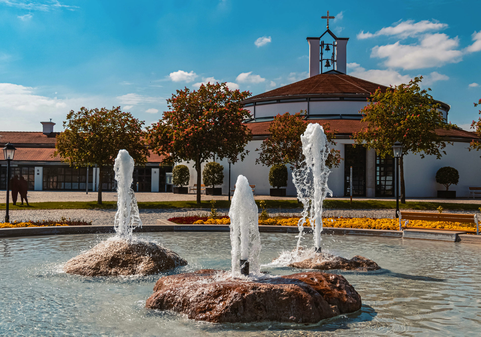 Beautiful view with a water fountain at Bad Griesbach Therme, Bavaria, Germany