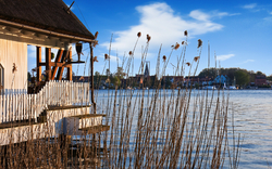Haus am See mit Schilf im Vordergrund und Stadt im Hintergrund unter blauem Himmel.