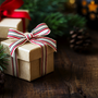 verpackte Weihnachtsgeschenke auf dunklem, rustikalem Holztisch mit Kiefernholz