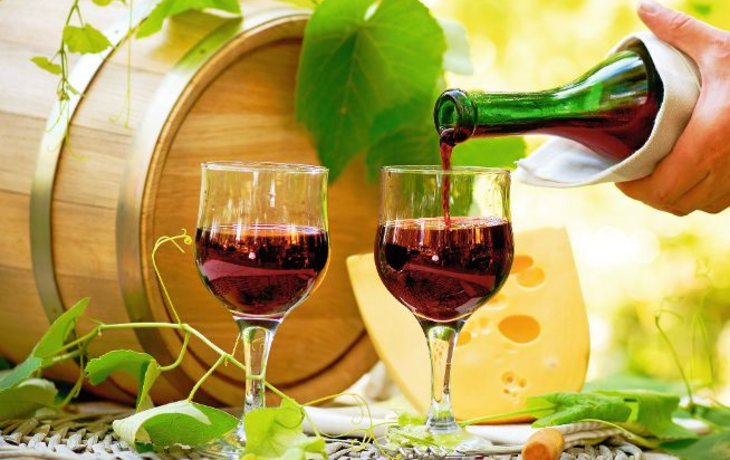 Red Wine and Cheese. Romantic Lunch Outdoor.