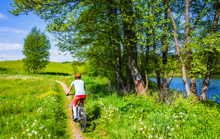 Radfahrerin auf einem Radweg entlang eines Sees und zwischen grünen Wiesen im Landschaftspark Suwalski, Polen