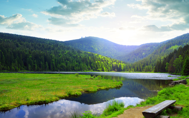 Berglandschaft mit See, grünem Feld und Bank im Vordergrund, bewölkter Himmel.