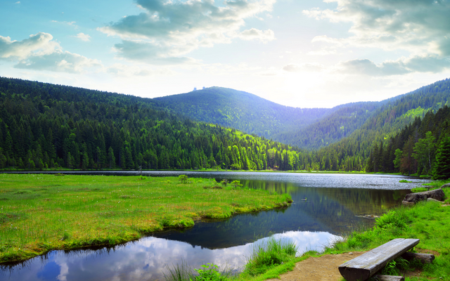 Berglandschaft mit See, grünem Feld und Bank im Vordergrund, bewölkter Himmel.