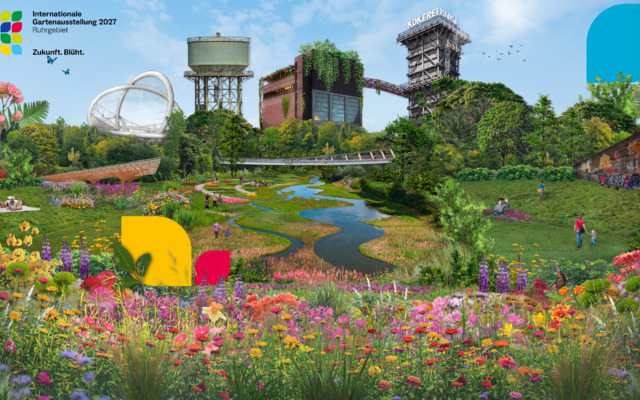 Bunte Landschaft mit Blumen, Wiesen, Gebäuden und Logo in der linken oberen Ecke.