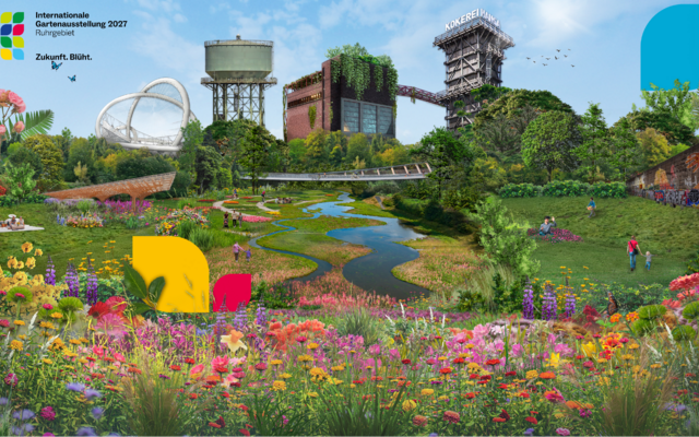 Bunte Landschaft mit Blumen, Wiesen, Gebäuden und Logo in der linken oberen Ecke.