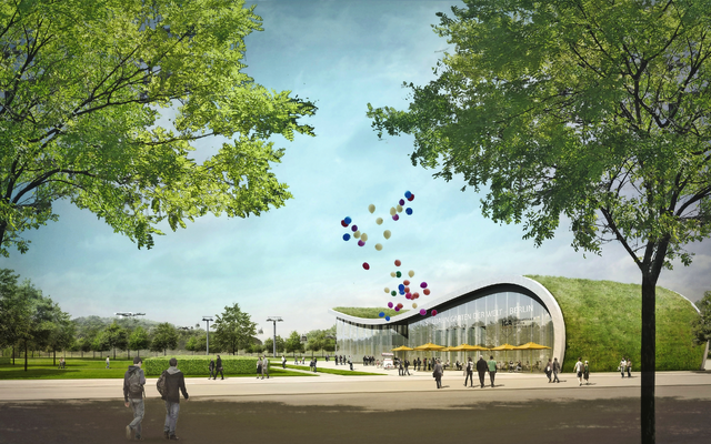 Moderne Seilbahnstation mit Bäumen und farbigen Ballons am Himmel.