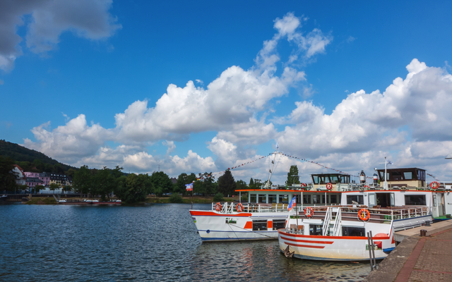 Ausflugsschiffe auf der Weser bei Hameln, umgeben von bewölktem Himmel und grüner Landschaft.