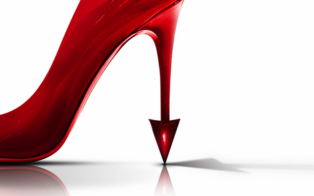 Roter Stiletto-Absatz durchbohrt den Boden, Text: 