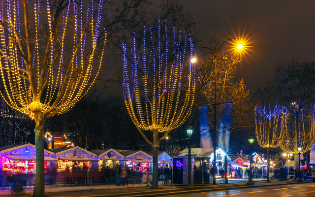 Weihnachtsmarkt mit beleuchteten Bäumen bei Nacht
