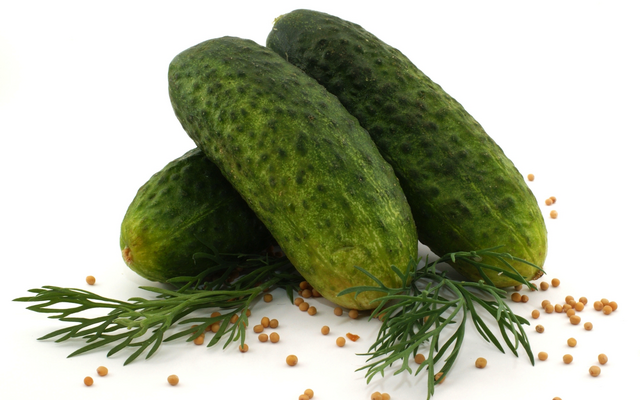 Drei frische Gurken auf weißem Hintergrund, umgeben von Dillzweigen und verstreuten Senfkörnern.