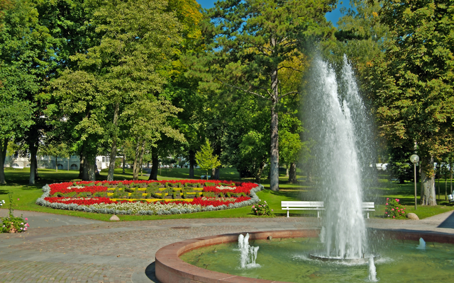 Springbrunnen im Park mit Blumenbeet und Bäumen im Hintergrund.