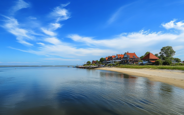 Küstenlandschaft mit Häusern am Strand unter blauem Himmel.