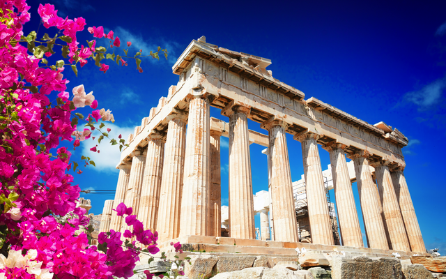 Parthenon-Tempel in Athen mit pinken Blumen im Vordergrund.
