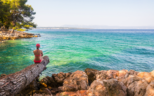 Person entspannt am Meer auf einem Baumstamm sitzend, umgeben von Felsen und Bäumen.