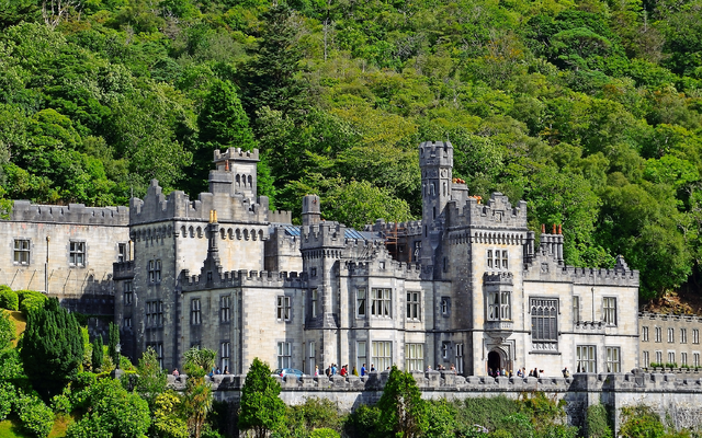 Historisches Schloss vor bewaldetem Hügel.