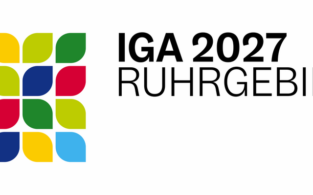 Logo der IGA 2027 mit buntem Blattmuster und Schriftzug 