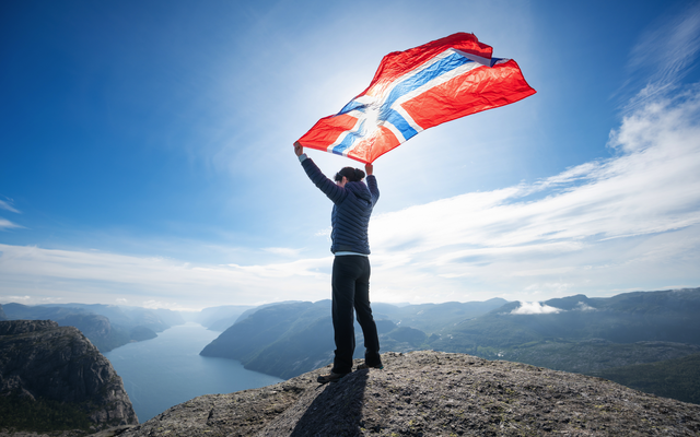Person auf Berg hält norwegische Flagge in die Luft, Fjord im Hintergrund.