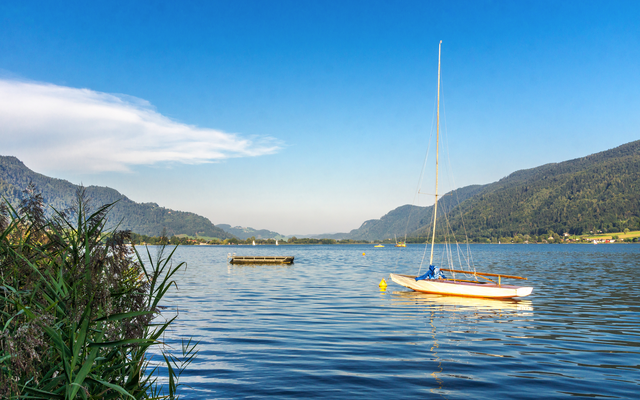 Segelboot auf einem ruhigen See mit bewaldeten Hügeln im Hintergrund und blauem Himmel.