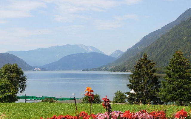 Blick auf den Ossiacher See mit Blumen im Vordergrund und Bergen im Hintergrund.