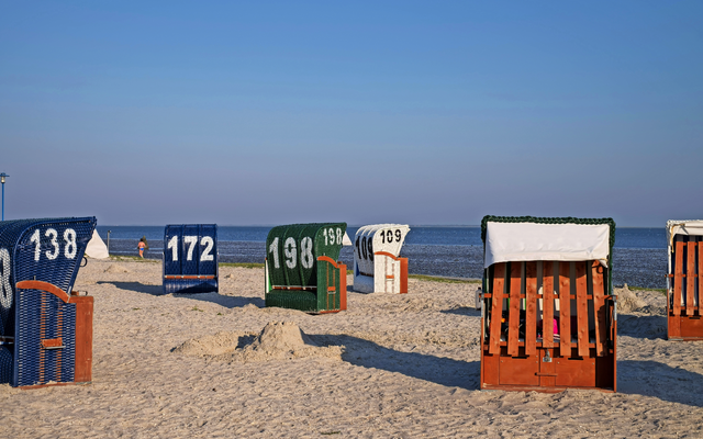 Mehrere Strandkörbe am Sandstrand mit Meer im Hintergrund.