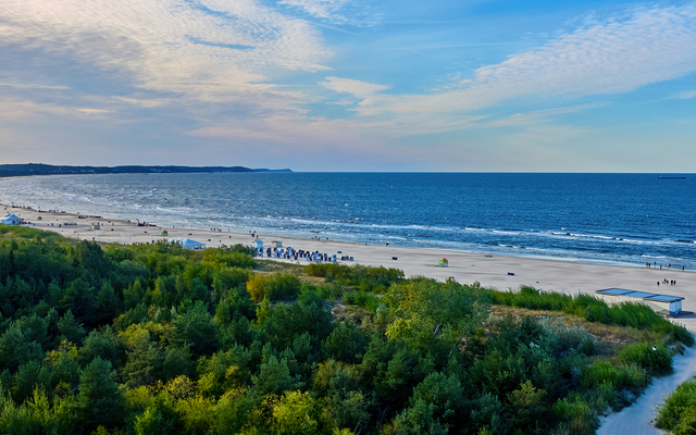 Strandpanorama mit blauem Meer und grüner Vegetation im Vordergrund.