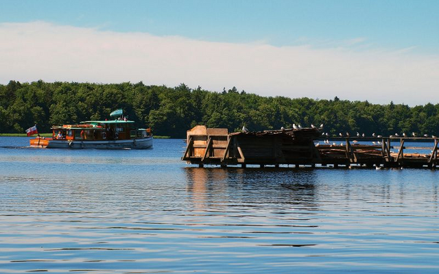 See mit Boot, Holzsteg und Möwen im Vordergrund, bewaldetes Ufer im Hintergrund.