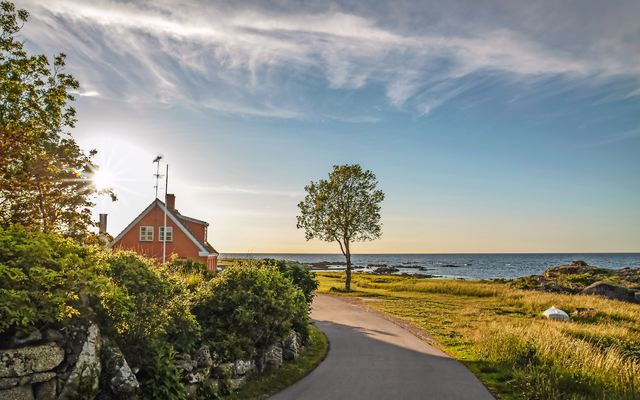 Haus am Meer mit Weg, Baum und Sonnenschein im Hintergrund.