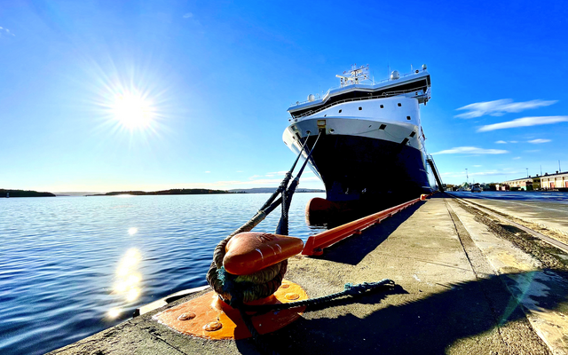 Kreuzfahrtschiff im Hafen von Oslo bei sonnigem Wetter, Norwegen.