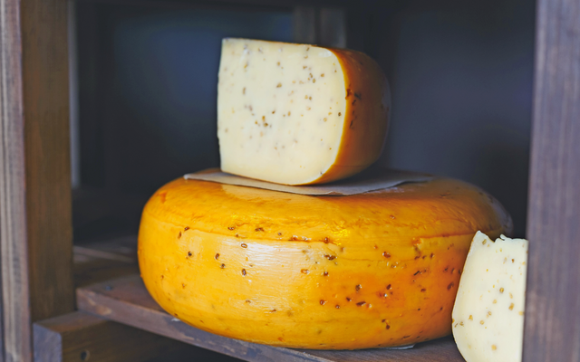 Großer und kleiner Käse mit Samen auf Holzbrett im Regal