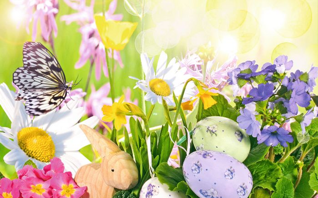 Frühlingsblumen, bemalte Ostereier, Holzkaninchen und Schmetterling im Sonnenlicht.