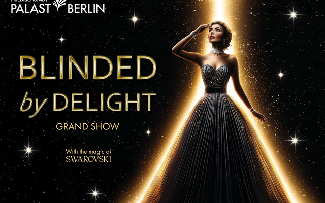 Frau in Abendkleid, umgeben von Lichtstrahlen, Text 