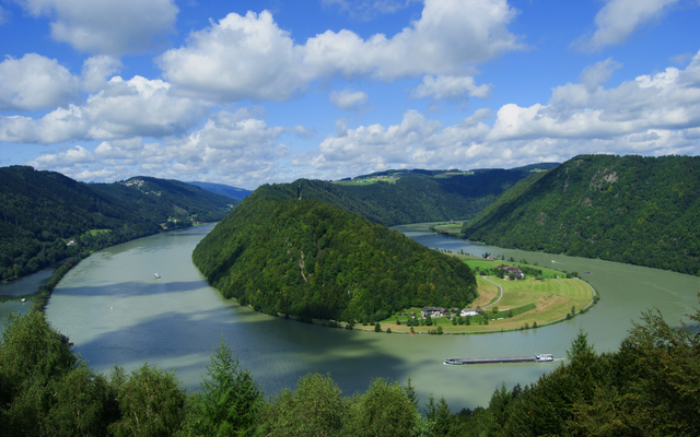 Blick auf die Donauschlinge mit grünem Hügel und bewölktem Himmel im Hintergrund.