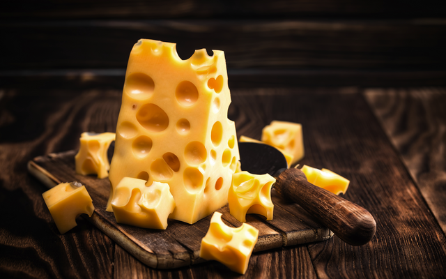 Ein Stück Emmentaler Käse mit Löchern auf einem Holzbrett.