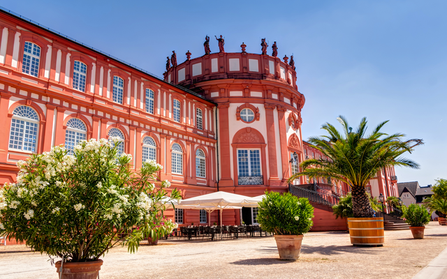 Schloss Biebrich in Wiesbaden an einem sonnigen Sommertag mit Garten und Palmen im Vordergrund