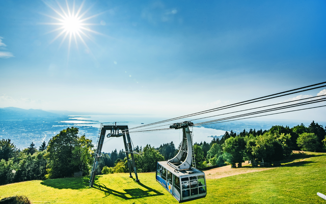Seilbahn über grüner Landschaft mit Bodensee im Hintergrund.