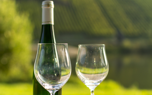 Weinflasche, zwei Gläser und Trauben auf einem Tisch, Weinberge im Hintergrund.