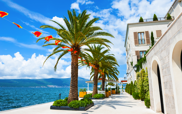 Strandpromenade in Tivat an der Bucht von Kotor in Montenegro mit Palmen und Blick auf die Adria.