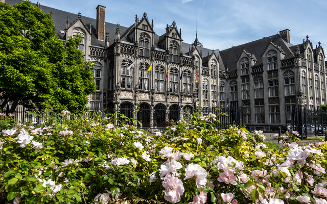 Historisches Gebäude mit gotischen Elementen hinter blühenden Rosen.
