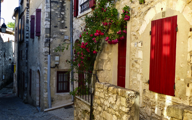 Schmale Gasse mit alten Steinhäusern und roten Fensterläden, Ranken an der Wand.